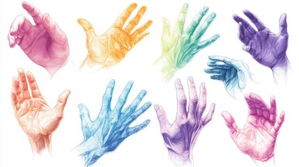 Fototapeta premium Colorful pastel hand drawings, various poses and gestures, anatomical details.
