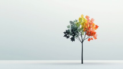 Obraz premium A single tree with leaves of various shapes and colors, standing tall against a minimal backdrop, symbolizing the strength and beauty of diversity within a unified community