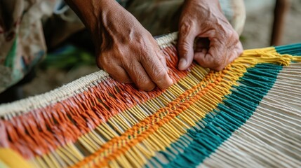 Hands of a Brazilian artisan skillfully weave colorful threads into a stunning hammock