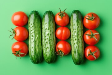 Fresh cucumbers and ripe tomatoes arranged neatly on a green background, perfect for healthy eating concepts and vibrant food photography.