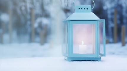 Blue Lantern Illuminates Snowy Winter Landscape
