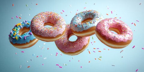 Colorful Floating Donuts with Sprinkles Against Light Blue Background 3D Render