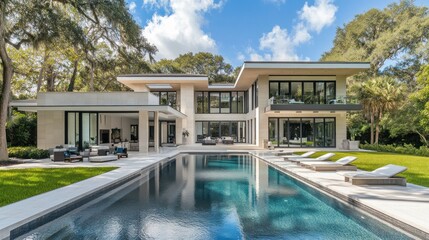 Fototapeta premium Luxury Modern House with Pool and Lush Greenery