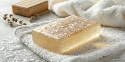 A bar of glycerin soap with a soft white background and a subtle sheen highlighting its natural ingredients, moisturizing soap, skin care, health food, clean product, gentle soap