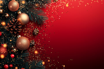 Weihnachtskarten Vorlage mit rotem Hintergrund und goldfarbenen Weihnachtsschmuck, weihnachtliche rote Grusskarte zu Weihnachten mit Tannenzweigen und Christbaumschmuck