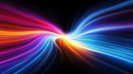 Neon Abstract Digital Art with Colorful Light Trails and Ribbons in Dark Space