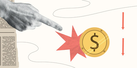 Contemporary Halftone Collage Hand for investments concept, marketing, trading. Online Stock banner with finance elements, coins, money. Vertical invest or business poster. Vector illustration.