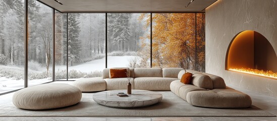 Winter Wonderland Living Room: Modern Sectional Sofa with Stunning Snowy Forest View