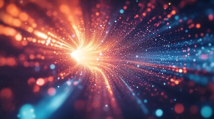 Abstract glowing energy tunnel with swirling particles and bokeh lights in warm and cool colors.