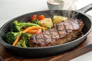 A beef strip sizzling in a hot skillet with a side of steamed vegetables, cooking method, savory dish, protein rich, balanced diet