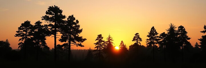 Forest landscape with multiple tree silhouettes against sunset, silhouette, peaceful