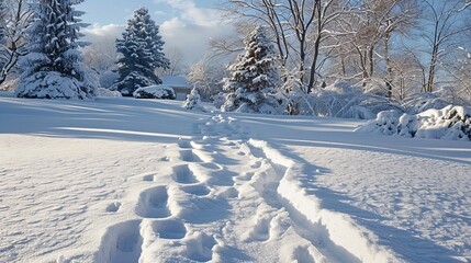 Obraz premium Footprints in pristine snow under a blue sky.