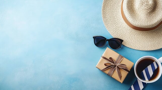 Fathers Day Celebration Background with Gift Box Tie Mug Hat and Sunglasses in Calm Pastel Theme