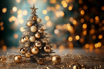 Fototapeta premium Weihnachtsstimmung mit einem festlich geschmückten Weihnachtsbaum in Gold, festlichen Lichtern und feinem Bokeh