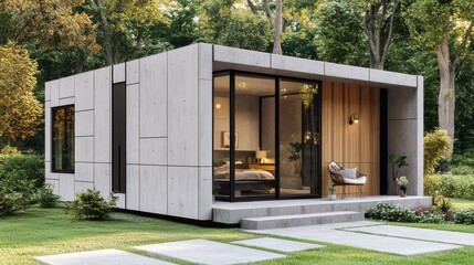 Modern Minimalist Concrete Cabin in Lush Green Forest