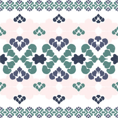Green and pink embroidery, motif ethnic ikat seamless textile illustration, print striped ornament, pattern, design for wrapping, silk, scarf, clothing, background, textile, carpets, curtains.
