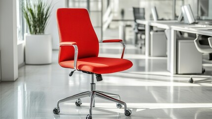 A modern red office chair in a bright, minimal workspace.