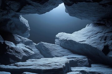 Rugged Grey Rock Cave Formation with Blue Light Dramatic Shadows Mysterious Scene