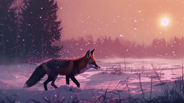 A majestic red fox walking through a snowy landscape at sunset.
