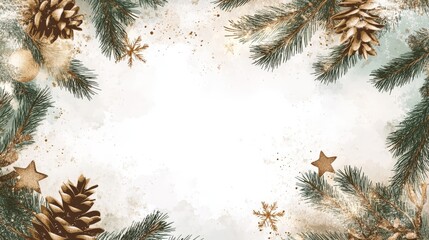 Festive background with pine cones and evergreen branches in winter theme.