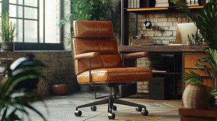 Fototapeta premium A stylish brown office chair in a modern workspace surrounded by plants and wooden furniture.