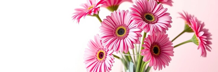 Pink gerbera daisies in a bright glass vase on a white and pink background, gerbera daisies, flower arrangements