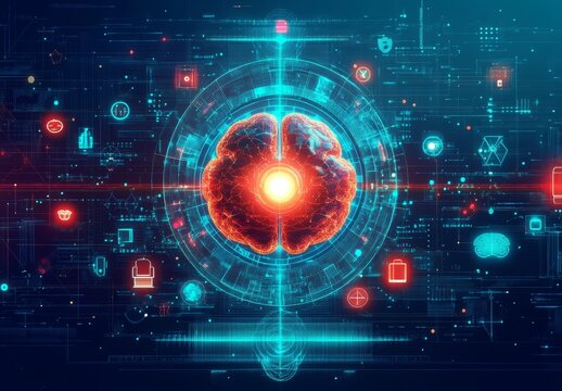 Neuromarketing Conceptual Illustration of Brain with Glowing Core and Scientific Symbols