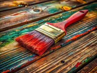 Fototapeta premium A weathered wooden plank cradles a lone paintbrush, ready to create.
