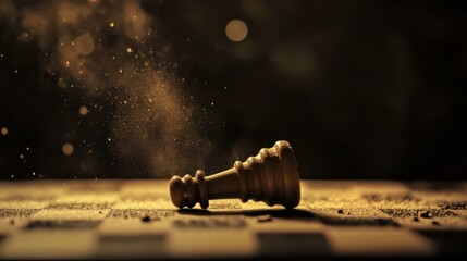 A solitary chess piece lying on its side on a dusty board, Symbolizing the defeat and the end of strategic battles, minimalistic composition