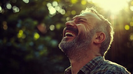 Man lost in laughter, head thrown back, eyes bright with amusement