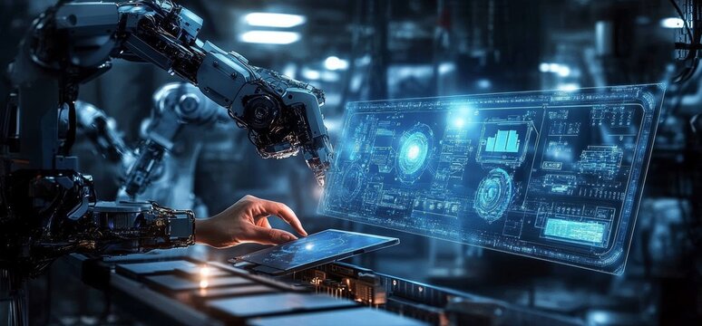 Industrial Engineer Managing Robotic Automation with Tablet Control and Digital Monitoring in Futuristic Manufacturing Environment