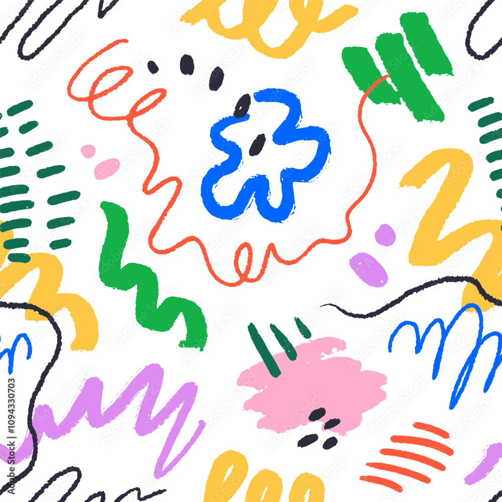 Poster Scribbles and doodles, seamless pattern with colorful squiggles. Abstract endless background, texture design repeating print with line drawings, creative elements. Hand-drawn vector illustration