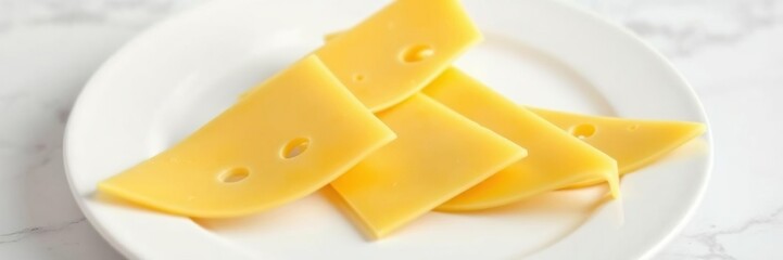Yellow cheese parmesan slices arranged in a triangle pattern on a white plate, food arrangement, white plate, yellow cheese