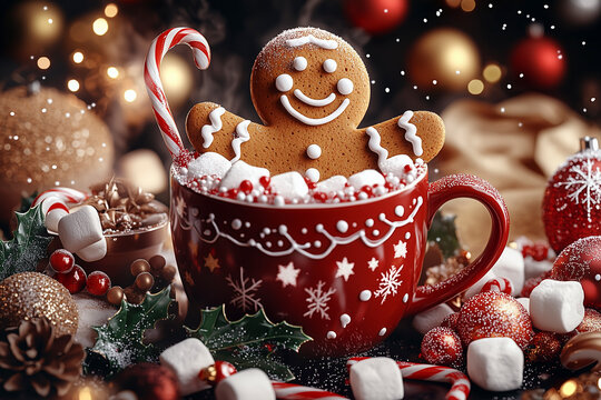Lebkuchen M&auml;nnchen in einer roten Weihnachtstasse mit Marshmallows und Zuckerstange, Lebkuchen zur Weihnachtszeit dekoriert mit weihnachtlichen Elementen