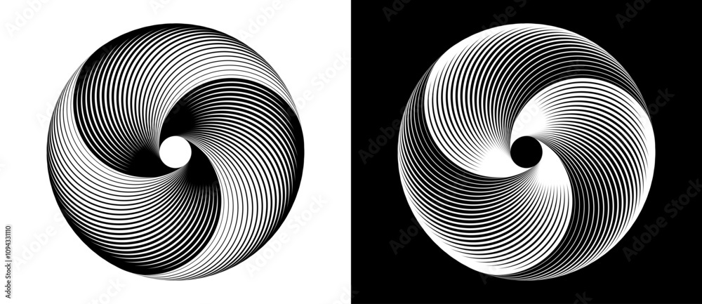 Poster Spiral with lines as dynamic abstract vector background or logo or icon. Black circle on white background and white circle on black background. Dynamic design element with 3 parts.