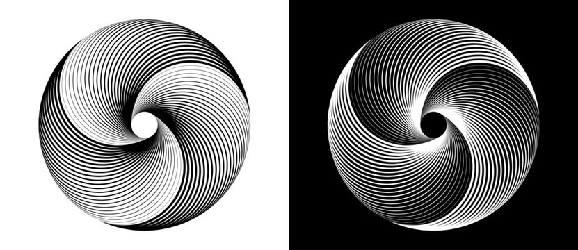 Spiral with lines as dynamic abstract vector background or logo or icon. Black circle on white background and white circle on black background. Dynamic design element with 3 parts.