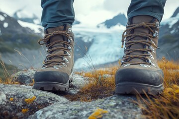 2410_017.close-up of rugged trekking boots, laces undone, orthopedic insoles visible, lichen-covered stone, yellow grass blades, majestic glacier valley, blue-tinted mountain peaks, soft focus