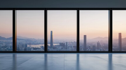 Naklejka premium Interior view of an empty room in a skyscraper, showcasing the cityscape during the day. The skyline view from a high-rise window offers a gorgeous property with a stunning view.