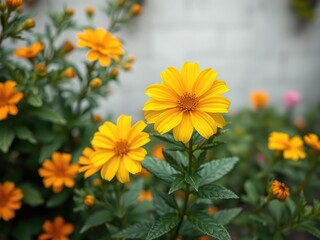 A flowering shrub with bright yellow and orange flowers in a garden, florals, blooming, flowers