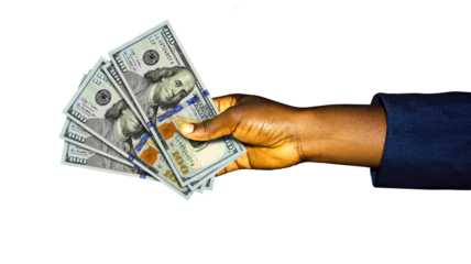 Black lady woman female hand in suit holding USA Dollar note over transparent background, currency of  united states
