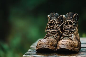 2410_046.macro shot of worn-out hiking boots, muddy and scuffed leather, frayed laces, resting on weathered wooden bench, blurred green background