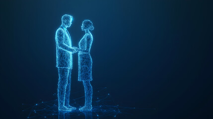 Businesspeople shaking hands, connecting in futuristic digital world