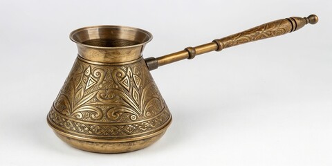 Vintage brass cezve with intricate design on a minimalist white background, tea infuser, white background, ornate, decorative, isolated