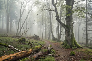 Obraz premium misty forest floor with fallen trees and branches, ferns, fallen trees, autumnal colors