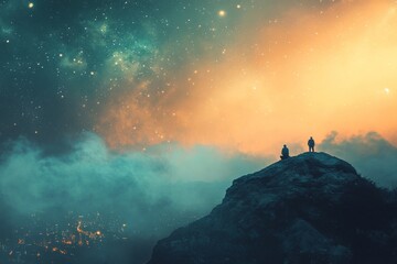 Fototapeta premium 2410_085.dark figures perched on mountain overlook, astronomical phenomena display, urban glow below horizon, dreamy starlit atmosphere, celestial photography, deep teal and warm orange gradient