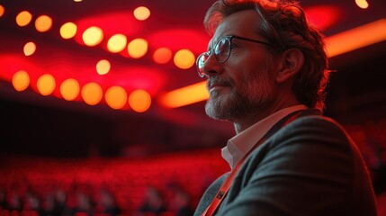 Fototapeta premium Audience member engaged at a lively event with dynamic lighting in a large auditorium