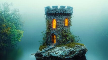 Enchanted castle tower floating on a rock