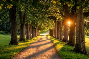 Obraz premium 2410_093.evening fitness walk scene, tree-lined pathway perspective, soft golden hour lighting, vibrant summer greenery, natural outdoor lifestyle photography
