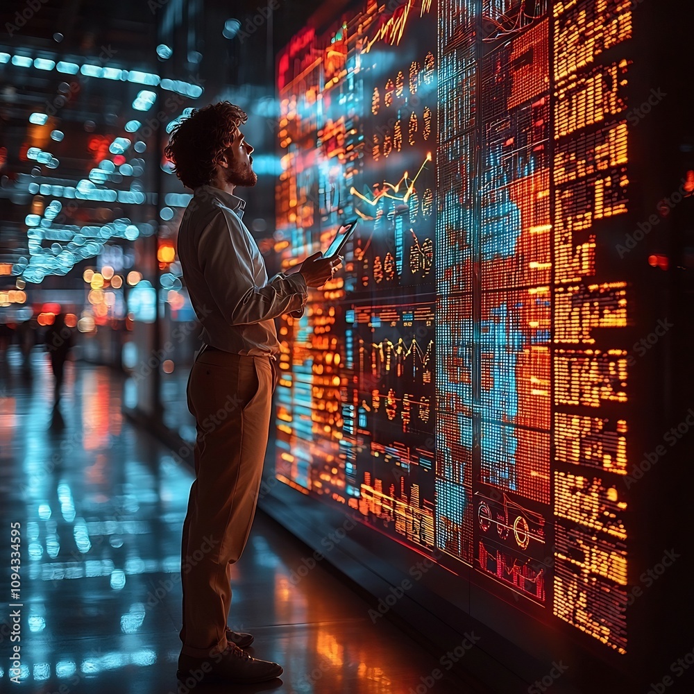 Poster office worker analyzing big data on holographic dashboard with glowing graphs and real time analytic
