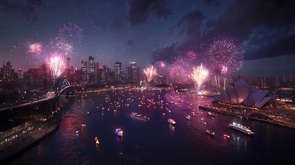 Sydney Harbour Lights Up with New Year's Eve Fireworks Display. AI Generated